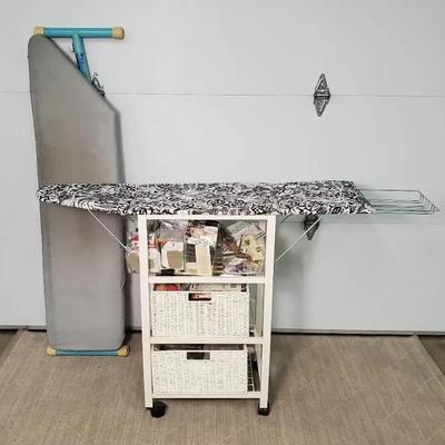 Vintage Mary Proctor Double Flip Ironing Board & Ironing Cart Filled With Sewing Supplies