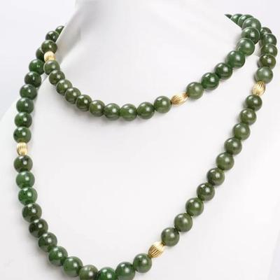 14K Gold & Nephrite Jade Bead Necklace -30"