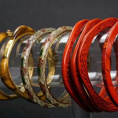 Cinnabar, Tiger's Eye, Cloisonne-Style Bangle Bracelets