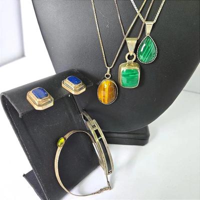 Sterling Silver Stone Accented Jewelry - Lapis Lazuli, Malachite, Tigers Eye