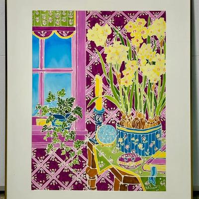 Original Bernice Duvall Signed "Ivy And Narcissus” Acrylic & Wax Resist Painting, Framed - 37X29”