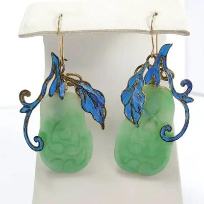 Jadeite And Enamel Earrings - 1.5" Long