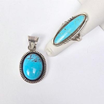 Sterling Silver Southwestern Turquoise Bell Trading Post Ring & Running Bear Pendant