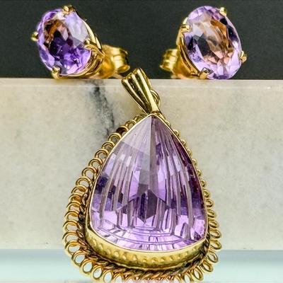 14K Gold Amethyst Pendant & Earrings