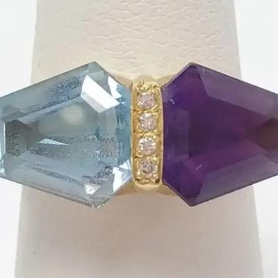 14K Gold Amethyst, Topaz & Diamond Ring - Size 6