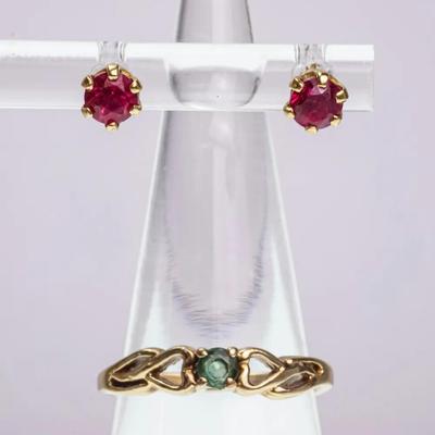 14K Gold Emerald Ring & Ruby Stud Earrings