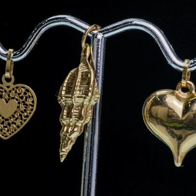 14K Gold Heart & Shell Pendants (3)