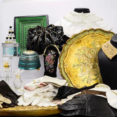 Vintage Vanity: Handkerchiefs, Leather Gloves, Sequin Purse, Empty Perfume Bottles & More