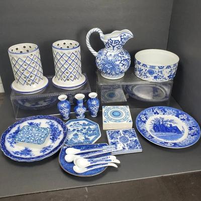 Blue & White Ceramics: Pitcher, Candle Holders, Spoons, Plates, Tiles & More