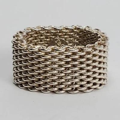 Authenticated Tiffany & Co Sterling Silver 10.5mm Somerset Mesh Ring - Size 7