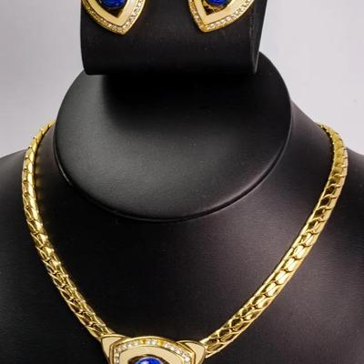Christian Dior Vintage Gold Tone Faux Lapis Necklace & Earrings