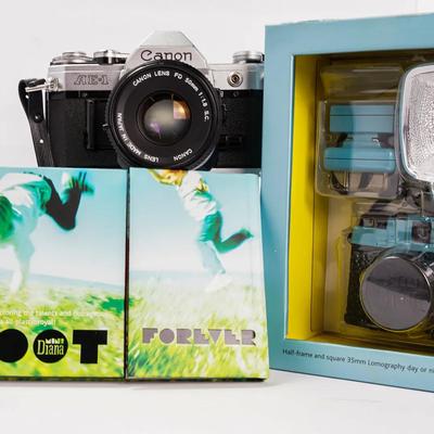 Canon AE-1 With 50mm f1.8  FD Lens Plus Diana Mini Lomography Camera Outfit With Flash