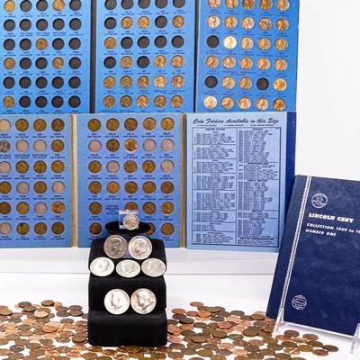 Lincoln Cent Penny Collection In Folders & Unsorted, Plus Kennedy Halves  & Buffalo Nickels