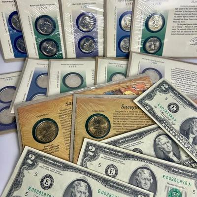 US State Quarters, Two Dollar Bills, And Sacagawea 1$ Coins