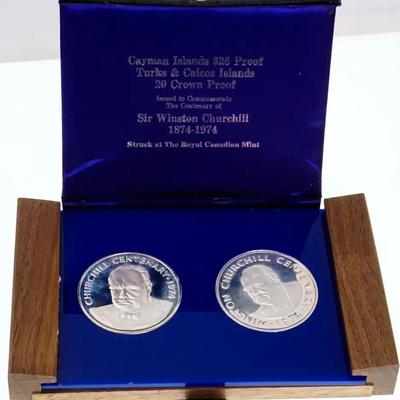1974 Cayman Islands Sterling Silver $25 & Turks & Caicos 20 Crown Proof Coins