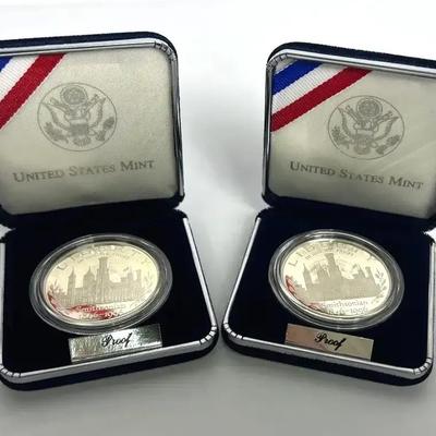 90% Silver Smithsonian Institution 150th Anniversary Proof Dollar Coins (2)