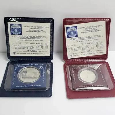 925 Silver 1992 2 Sheqel Proof & 1 Sheqel BU Coin - “The Law Of Israel”