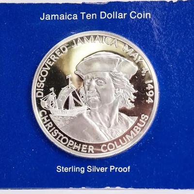 1975 Jamaica $10 Sterling Silver Proof Coin – Christopher Columbus, Uncirculated