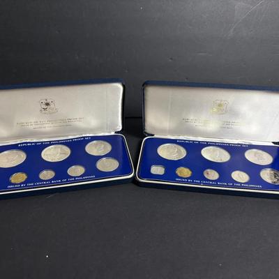 1975 Philippines Proof Sets With Sterling & 500 Silver Coins - Two 8 Coin Sets