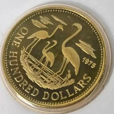 22KT Gold Bahamas $100 Coin, Mint Condition with Certificate, 1975