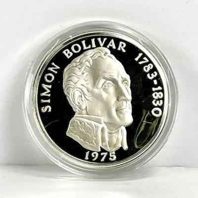 Sterling Silver Proof Panama 20 Balboas Coin – 1975 Simón Bolívar Commemorative, Mintage 2500