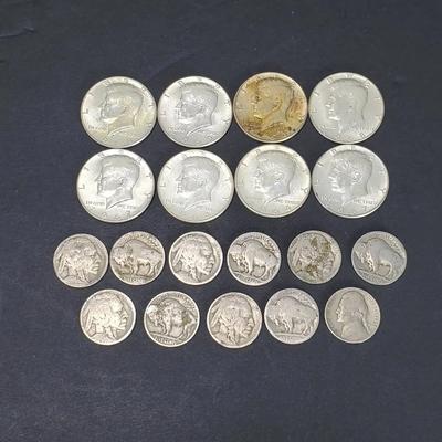 90% (3) & 40% (5) Silver Kennedy Half Dollars Plus Buffalo Nickels 
