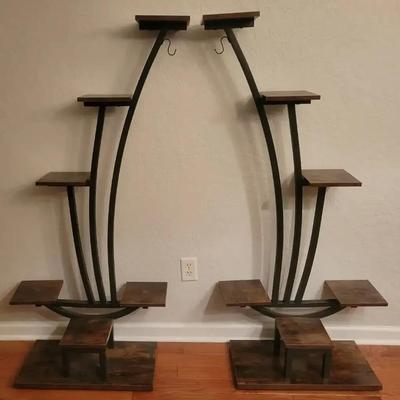 Pair of Modern Metal and Wood Plant Stands