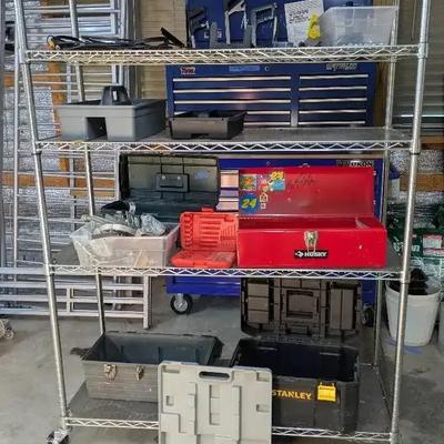 Six-Tier Rolling Metal Storage Shelf with Husky and Stanley Toolboxes