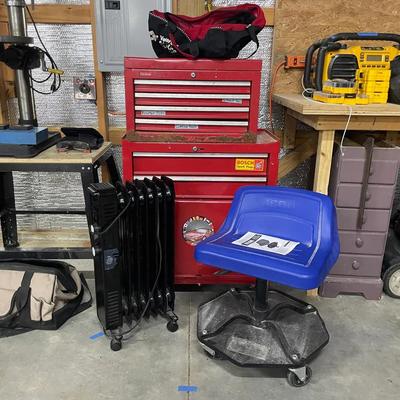 Edelbrock Red Rolling Tool Chest, Icon Adjustable Shop Seat & Space Heater