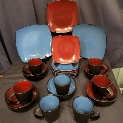 Gibson Ceramic Dishware Collection with Red and Blue Glaze – 22 Pieces