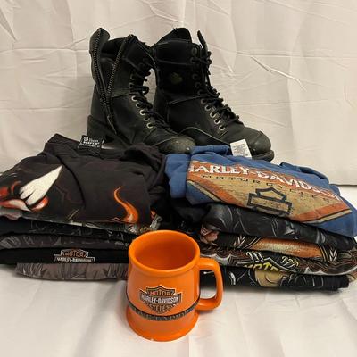 Harley-Davidson Graphic T-Shirts, Leather Motorcycle Boots, And Coffee Mug Collection