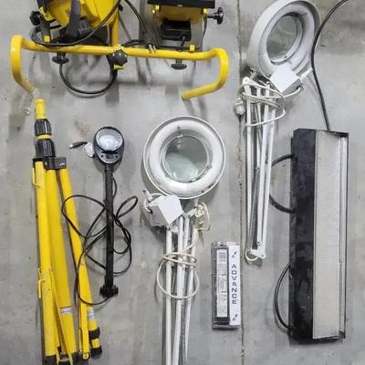 Work and Task Lighting Collection Featuring Dual-Head Work Light with Tripod & Magnifying Ring Lamps