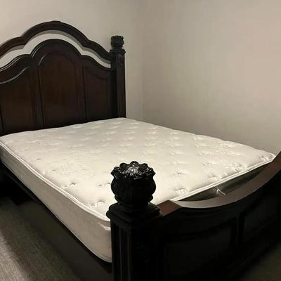 Ornate Carved Wooden Bed Frame with Sealy Mattress