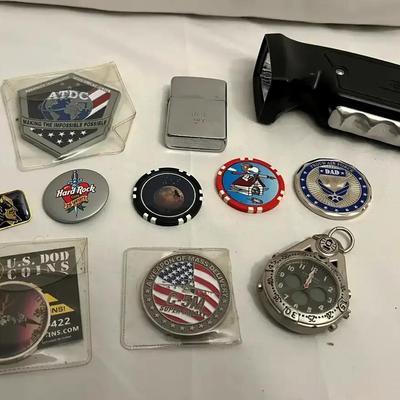 Military Coins, Poker Chips, Lighter, Flashlight & Watch Collection