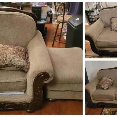 Elegant Upholstered Sofa, Loveseat, Chair & Ottoman Set with Carved Wooden Trim