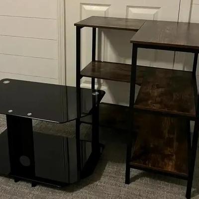 Black Glass TV Stand and Wood & Metal 3-Tier Shelf