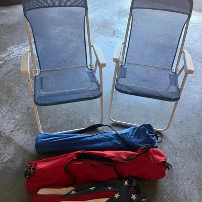 Two Mesh Folding Chairs And 3 Bag Chairs
