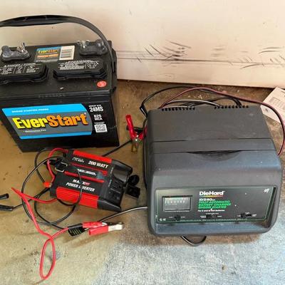 Die Hard Battery Charger 10/2/60 Amp, B & D 200 Watt power Inverter, Ever Start Battery