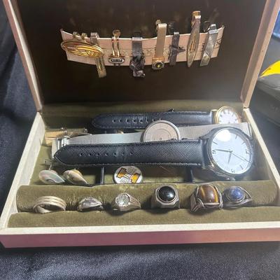 Men’s Jewelry Box Including Rings, Tie Clips, Watches, Misc. All untested. 