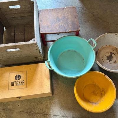Vintage Large Enamel Ware Tub, Plastic Tubs, Vintage Wooden Stool, Vintage Crate, And More