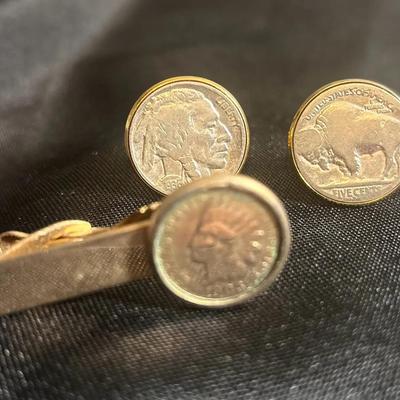 Vintage Buffalo Nickel Cufflinks Set & a Indian Head Cent Tie Clip
