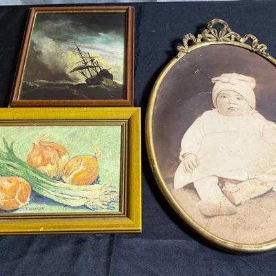 Vintage Baby Picture In Metal Frame, Painting By T. Warren, ‘The Squall’ By Willem Van De Velde