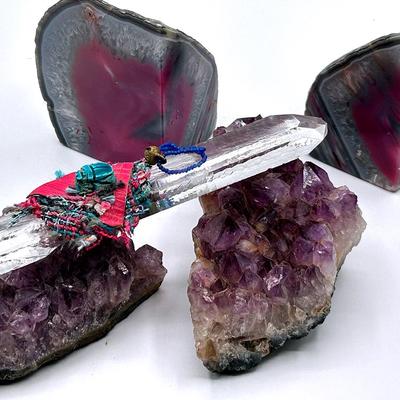 AZ950J Unique Quartz Crystal, Purple Amethyst And Agate Bookends