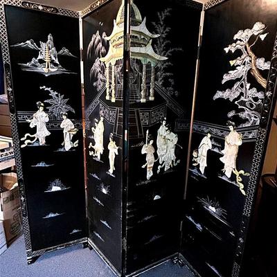 AZ818J Vintage Chinoiserie Black 4 Panels Room Divider 