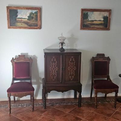 Antique bar cabinet, Antique Eastlake Chairs