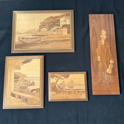 Vintage Italian Marquetry Wood Inlay Wall Art Pieces 