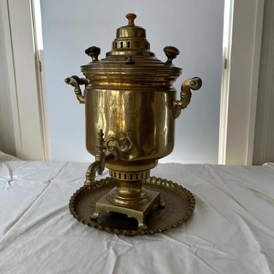 Antique Russian Style Brass Samovar with Tray 