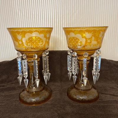 Vintage Bohemian Etched Amber Glass Crystal Mantel Luster Set Of 2