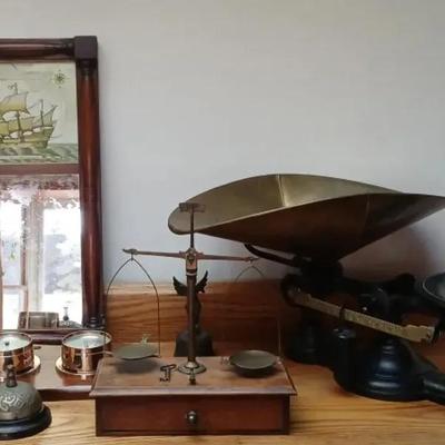Cast Iron Scale, Miniature Wood Scale, Antique Mirror, Bells