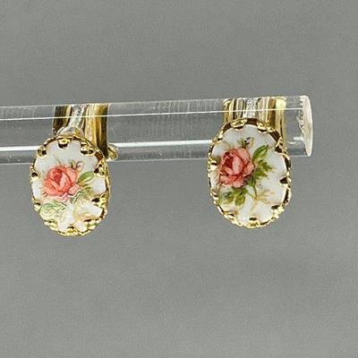 14K Hand Painted Rose Earrings